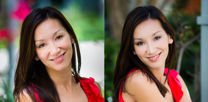 Two headshots of Evelyn Gosnell with makeup and without makeup