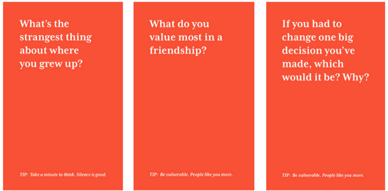 A set of three cards asks questions about growing up, friendship, and life decisions.